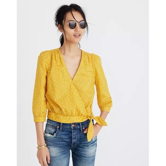Madewell Tops - Madewell Women's L Wrap Blouse Top 100% Cotton Star Scatter Yellow White Stars